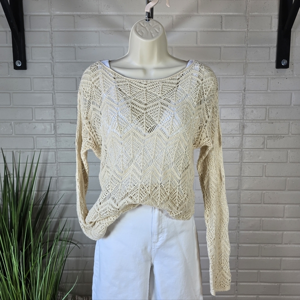 Jeanne Pierre Cream Crochet Open Knit Sweater Medium